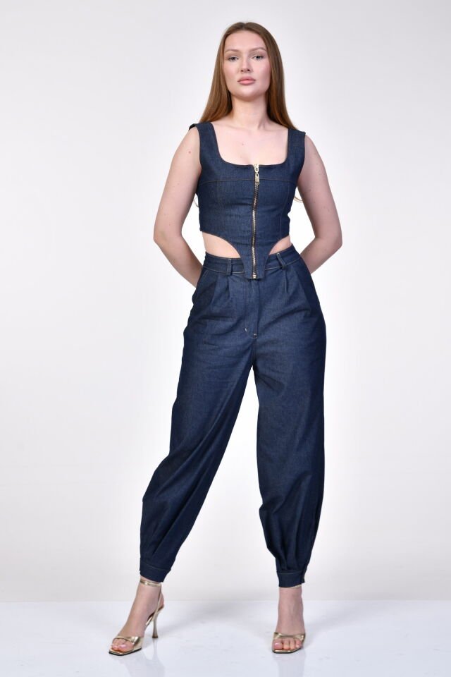 Bebe Plus Fermuarlı Denim Büstiyer  - Mavi