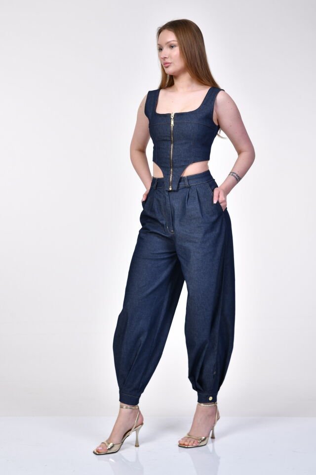 Bebe Plus Fermuarlı Denim Büstiyer  - Mavi