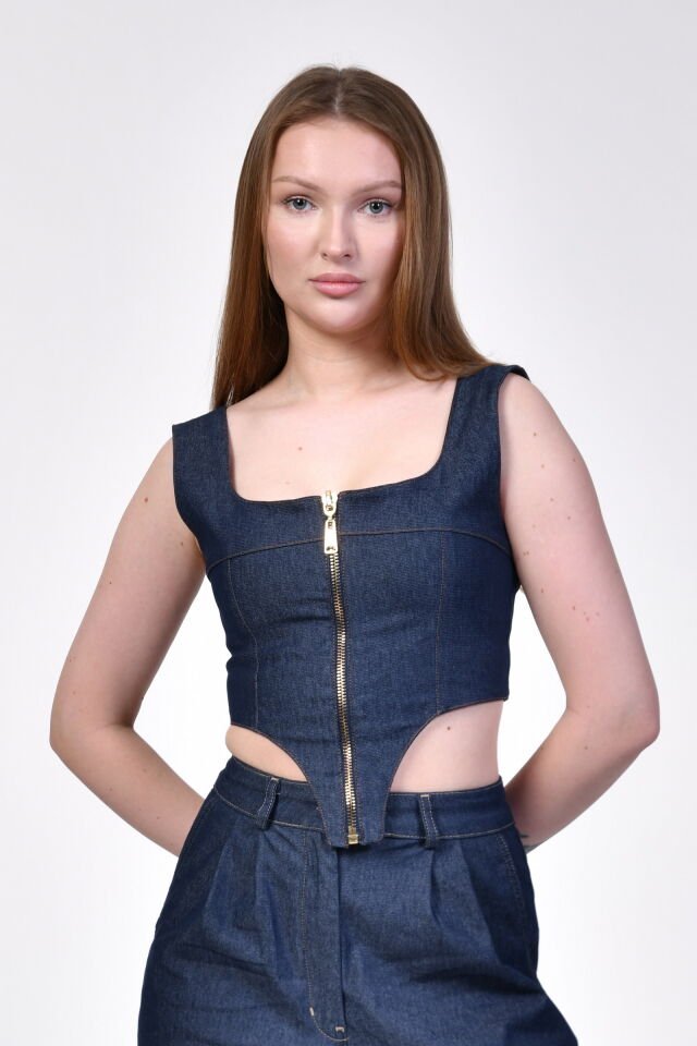 Bebe Plus Fermuarlı Denim Büstiyer  - Mavi