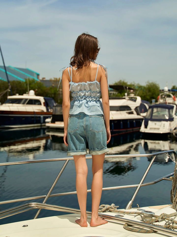 Lefon Gül Detaylı Askılı Bluz  - Mavi