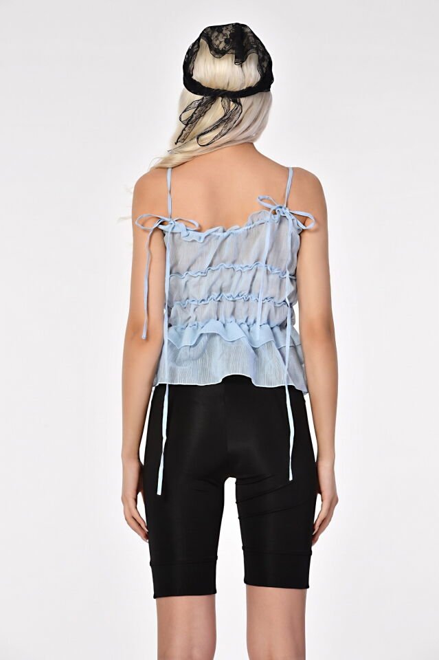 Lefon Gül Detaylı Askılı Bluz  - Mavi