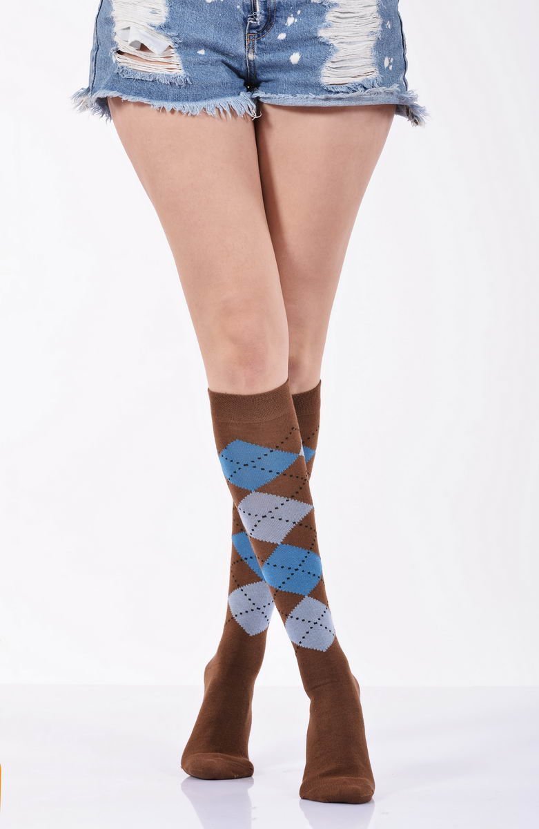 Kadın Ekoseli Dizaltı Çorabı  - Kahverengi 3\\\'lü Paket