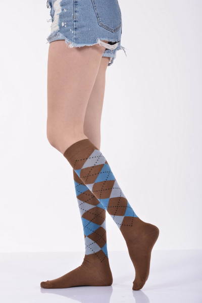 Kadın Ekoseli Dizaltı Çorabı  - Kahverengi 3\\\'lü Paket