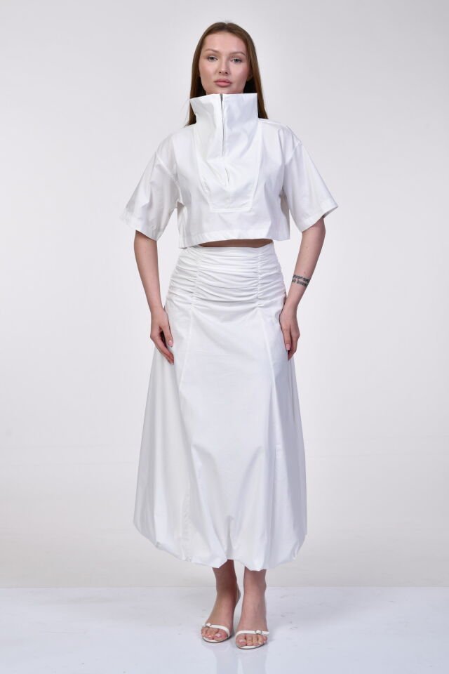 Bebe Plus Geometrik Dikiş Detaylı Beyaz Crop Bluz  - Beyaz