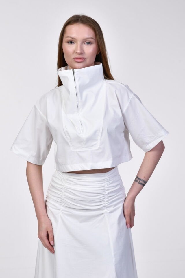 Bebe Plus Geometrik Dikiş Detaylı Beyaz Crop Bluz  - Beyaz