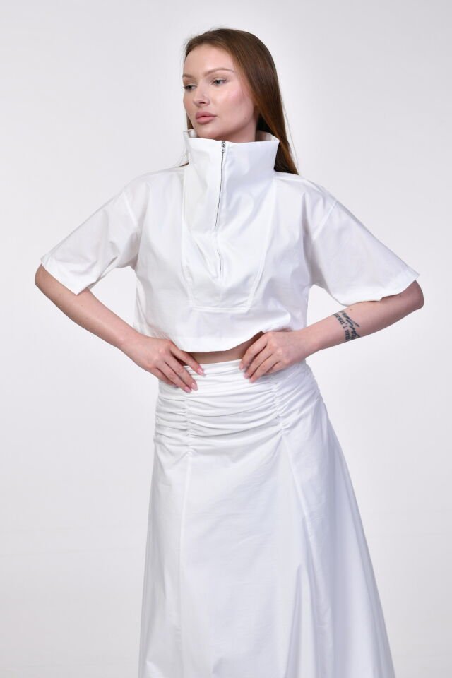 Bebe Plus Geometrik Dikiş Detaylı Beyaz Crop Bluz  - Beyaz