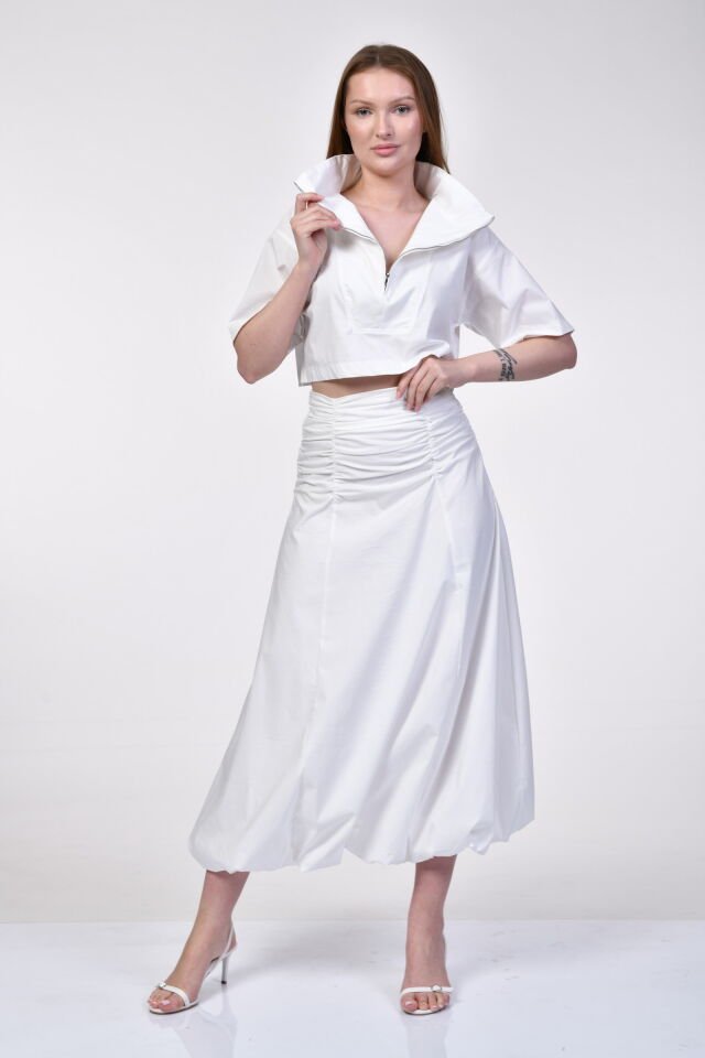 Bebe Plus Geometrik Dikiş Detaylı Beyaz Crop Bluz  - Beyaz