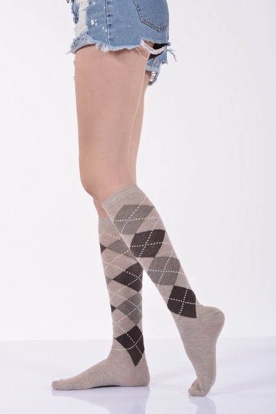 Kadın Ekoseli Dizaltı Çorabı  - Bej 3\\\'lü Paket