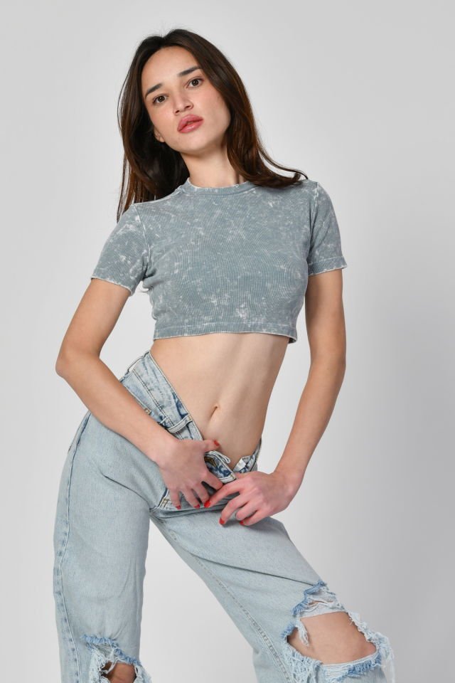 Lefon Yıkamalı Kısa Kollu Crop Tişört  - Mavi