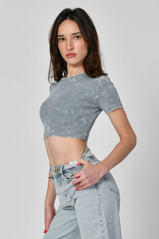 Lefon Yıkamalı Kısa Kollu Crop Tişört  - Mavi