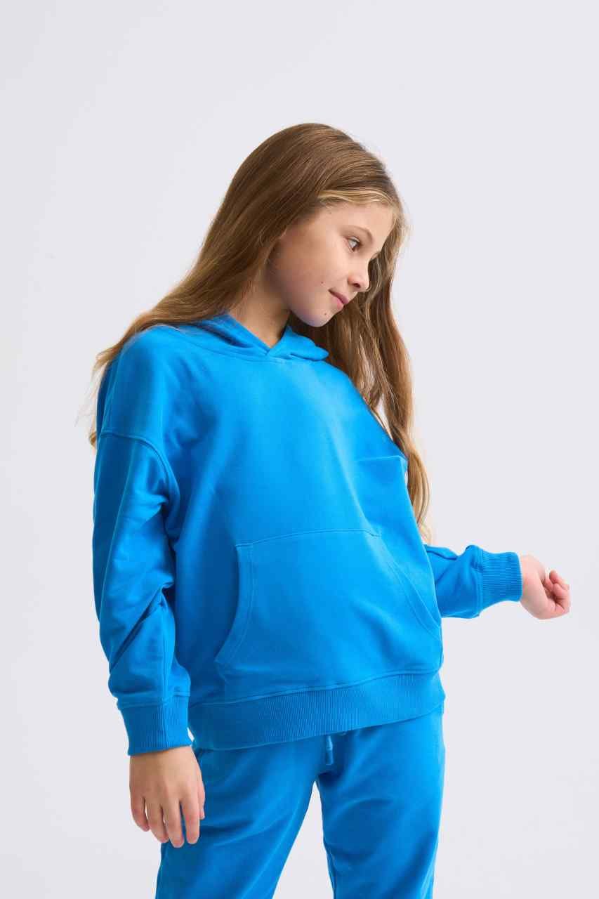 Organik Kapüşonlu Uzun Kollu Kız Çocuk Sweatshirt - Mavi