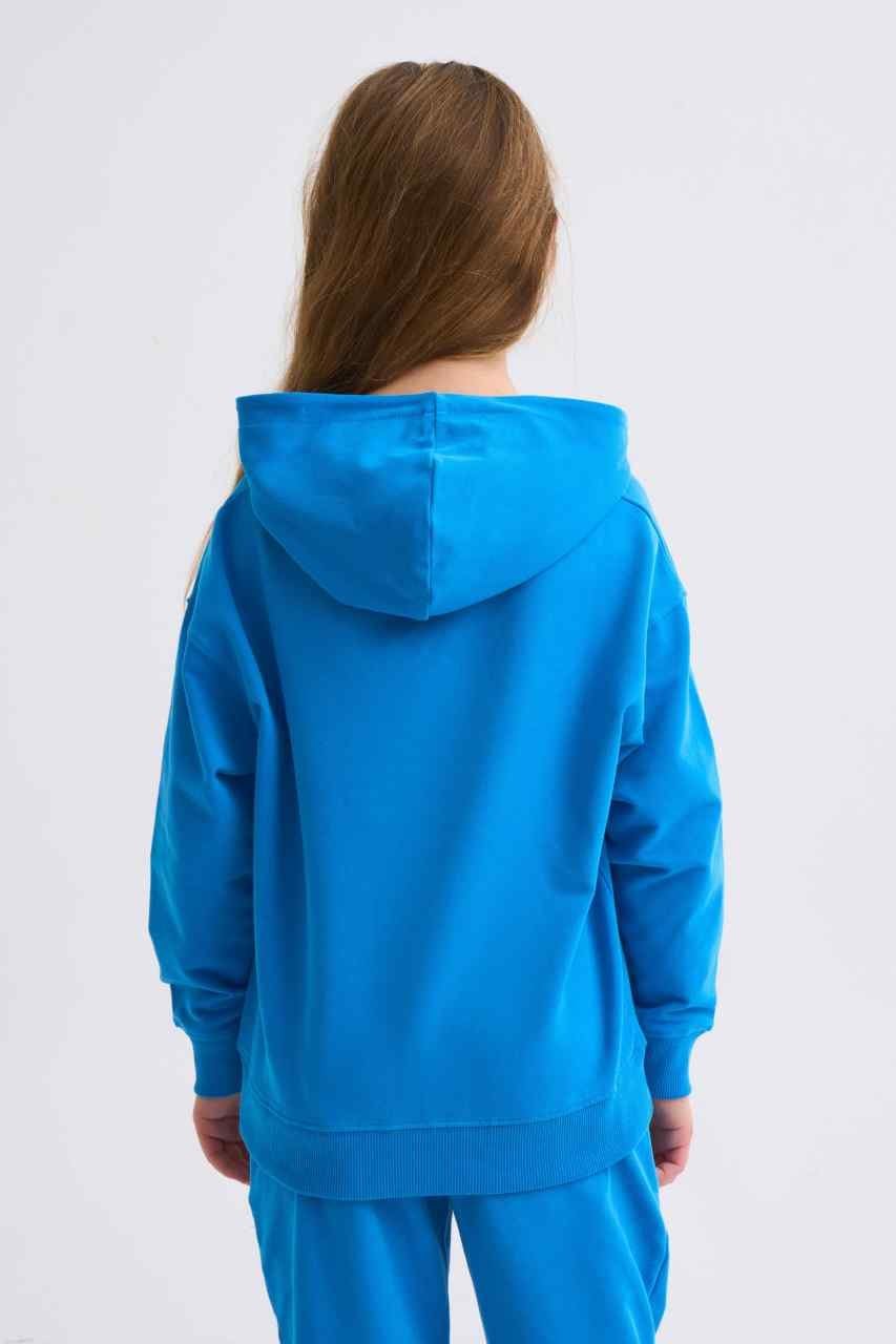 Organik Kapüşonlu Uzun Kollu Kız Çocuk Sweatshirt - Mavi