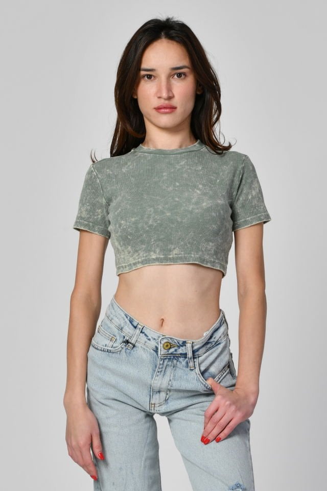 Lefon Yıkamalı Kısa Kollu Crop Tişört  - Yeşil