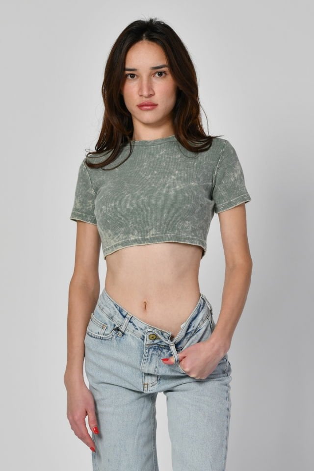 Lefon Yıkamalı Kısa Kollu Crop Tişört  - Yeşil