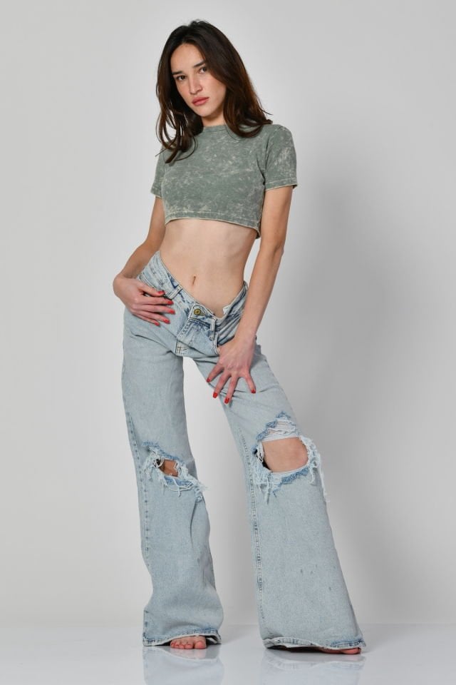 Lefon Yıkamalı Kısa Kollu Crop Tişört  - Yeşil