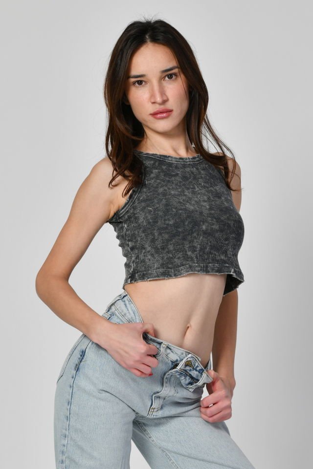 Lefon Yıkamalı Halter Yaka Crop Atlet  - Gri