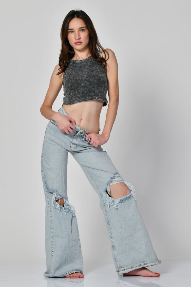 Lefon Yıkamalı Halter Yaka Crop Atlet  - Gri