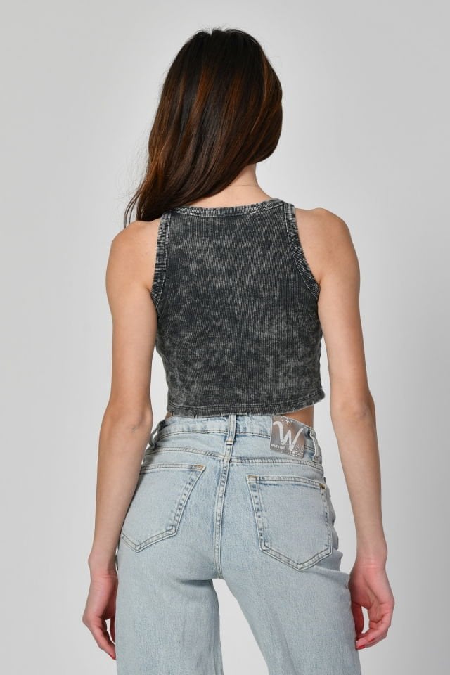 Lefon Yıkamalı Halter Yaka Crop Atlet  - Gri