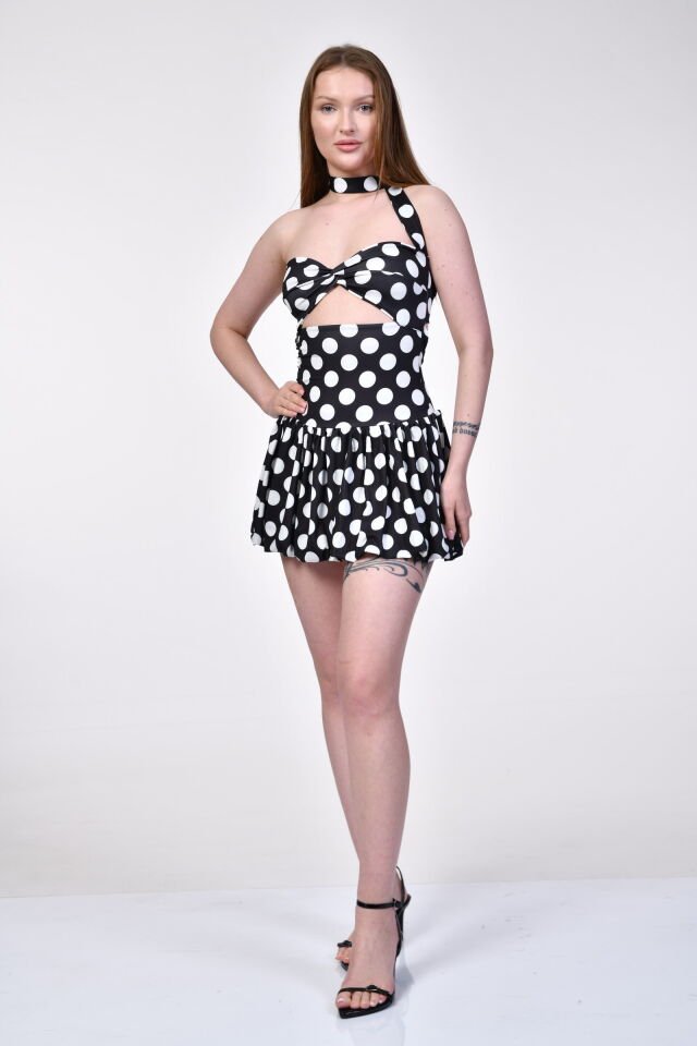 Big Fashion Puantiyeli Mini Elbise  - Siyah