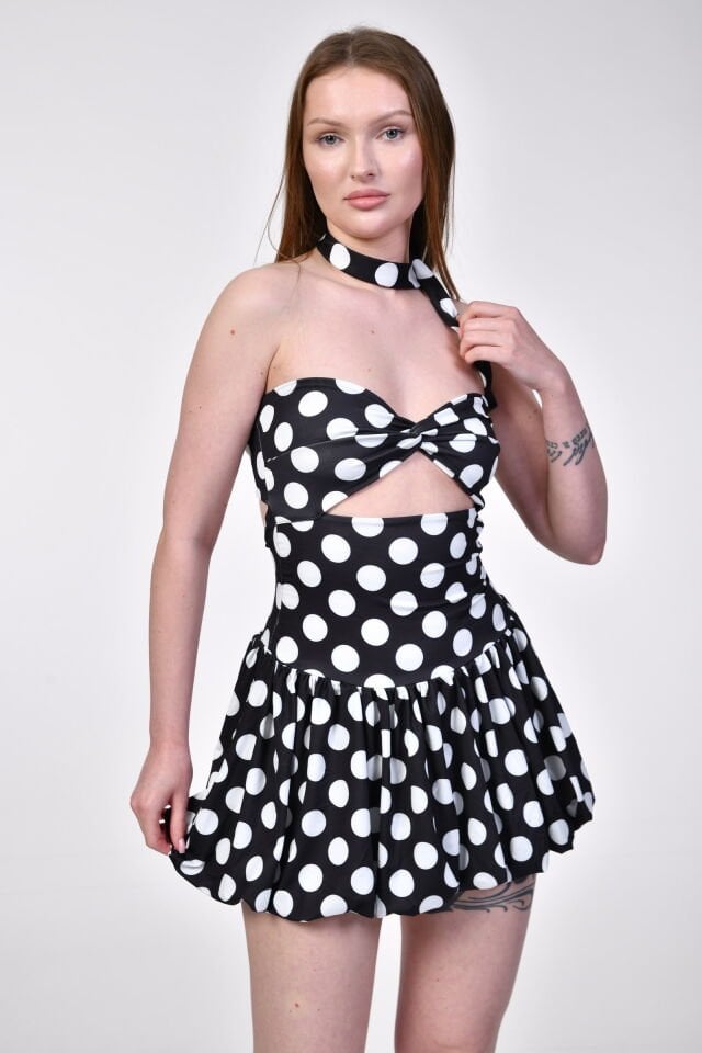Big Fashion Puantiyeli Mini Elbise  - Siyah