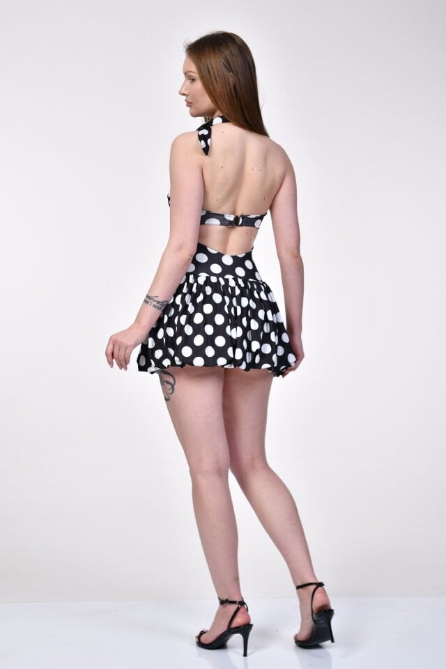 Big Fashion Puantiyeli Mini Elbise  - Siyah