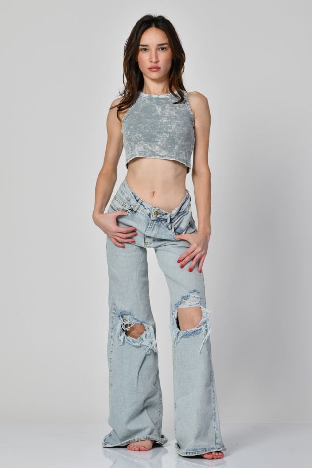 Lefon Yıkamalı Halter Yaka Crop Atlet  - Mavi