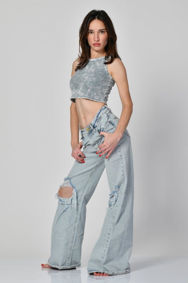 Lefon Yıkamalı Halter Yaka Crop Atlet  - Mavi