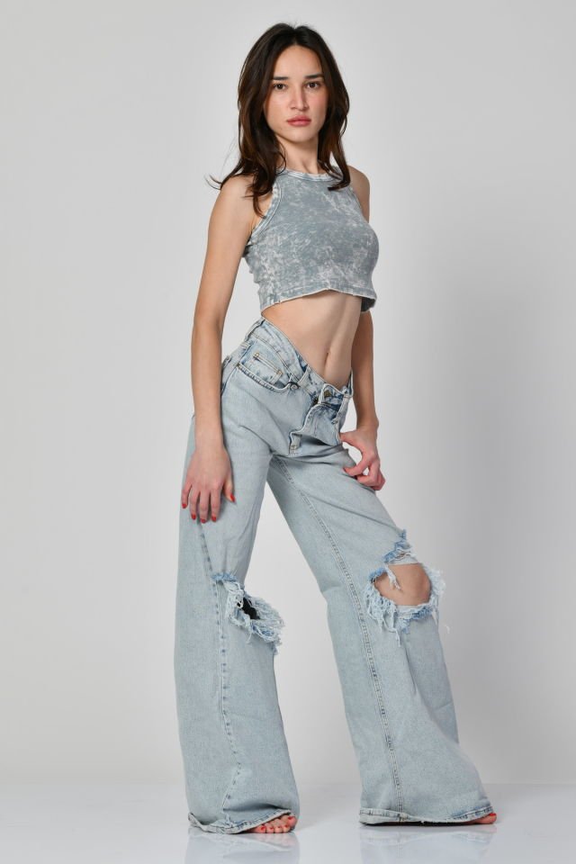 Lefon Yıkamalı Halter Yaka Crop Atlet  - Mavi