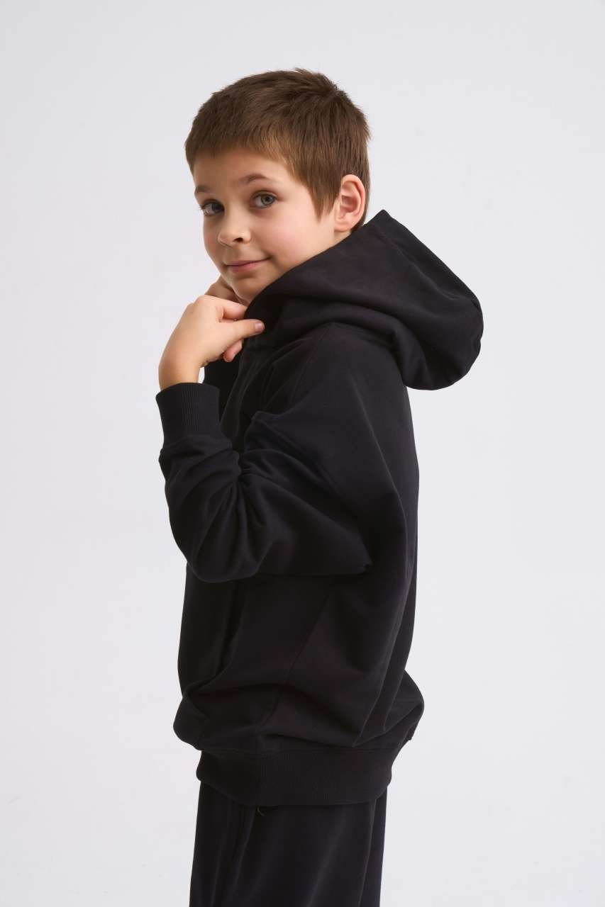 Organik Kapüşonlu Uzun Kollu Erkek Çocuk Sweatshirt - Siyah