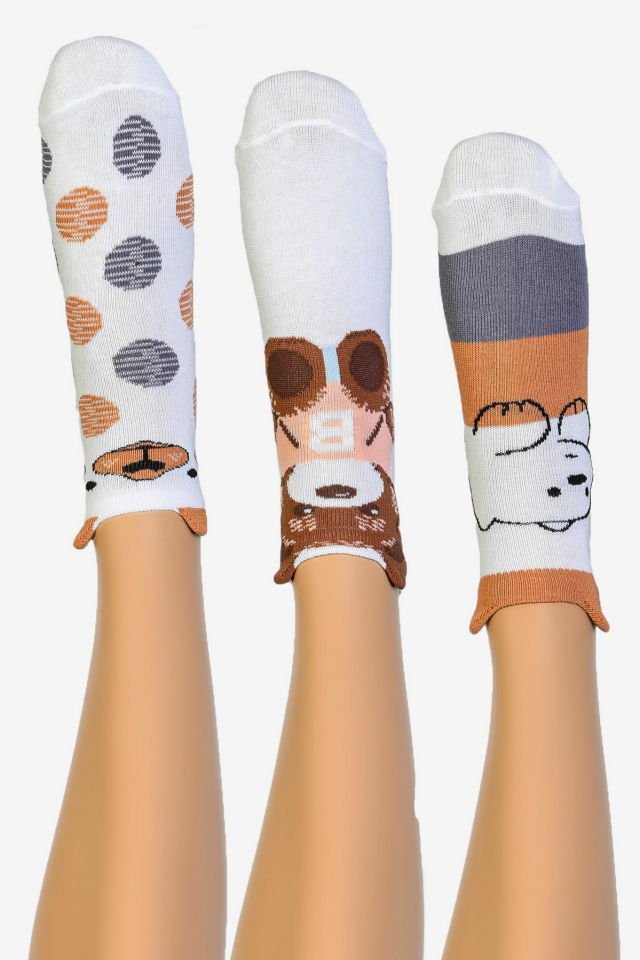 Moda1001 3'Lü Paket Asorti Kadın Kulaklı Patik Çorabı  - Desenli