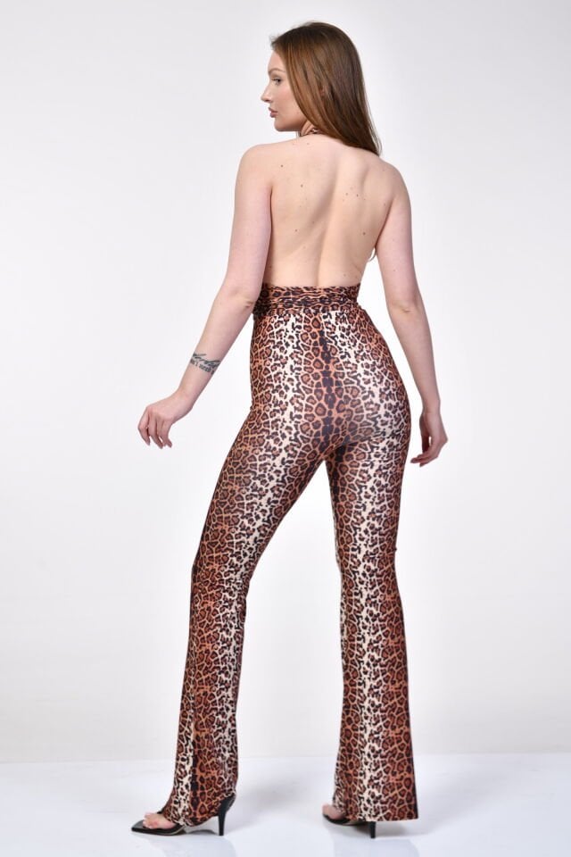 Big Fashion Yüksek Bel Toparlayıcı İspanyol Tulum  - Leopar