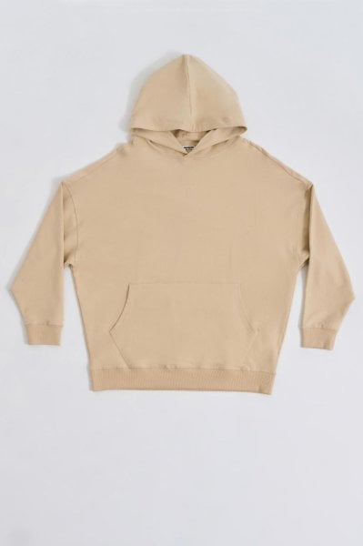 Organik Kapüşonlu Cepli Uzun Kollu Kadın Sweatshirt - Açık Bej