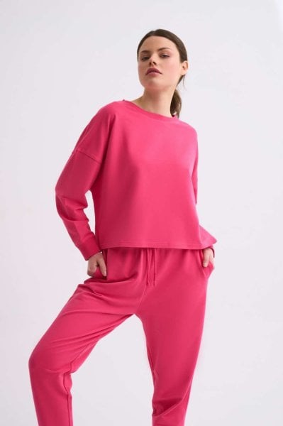 Organik Uzun Kollu Kadın Crop Sweatshirt - Pembe