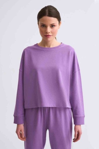 Organik Uzun Kollu Kadın Crop Sweatshirt - Mor