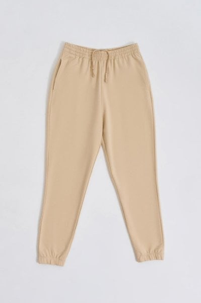 Organik Cepli Regular Fit Bağcıklı Kadın Eşofman Altı - Açık Bej