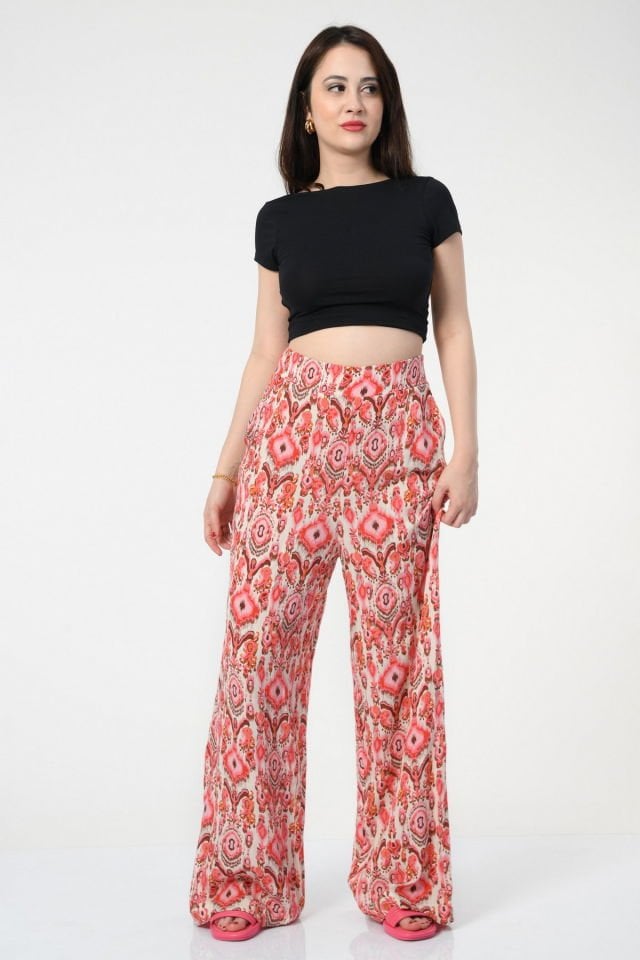 Quzu Beli Lastikli Desenli Pantolon  - Kırmızı