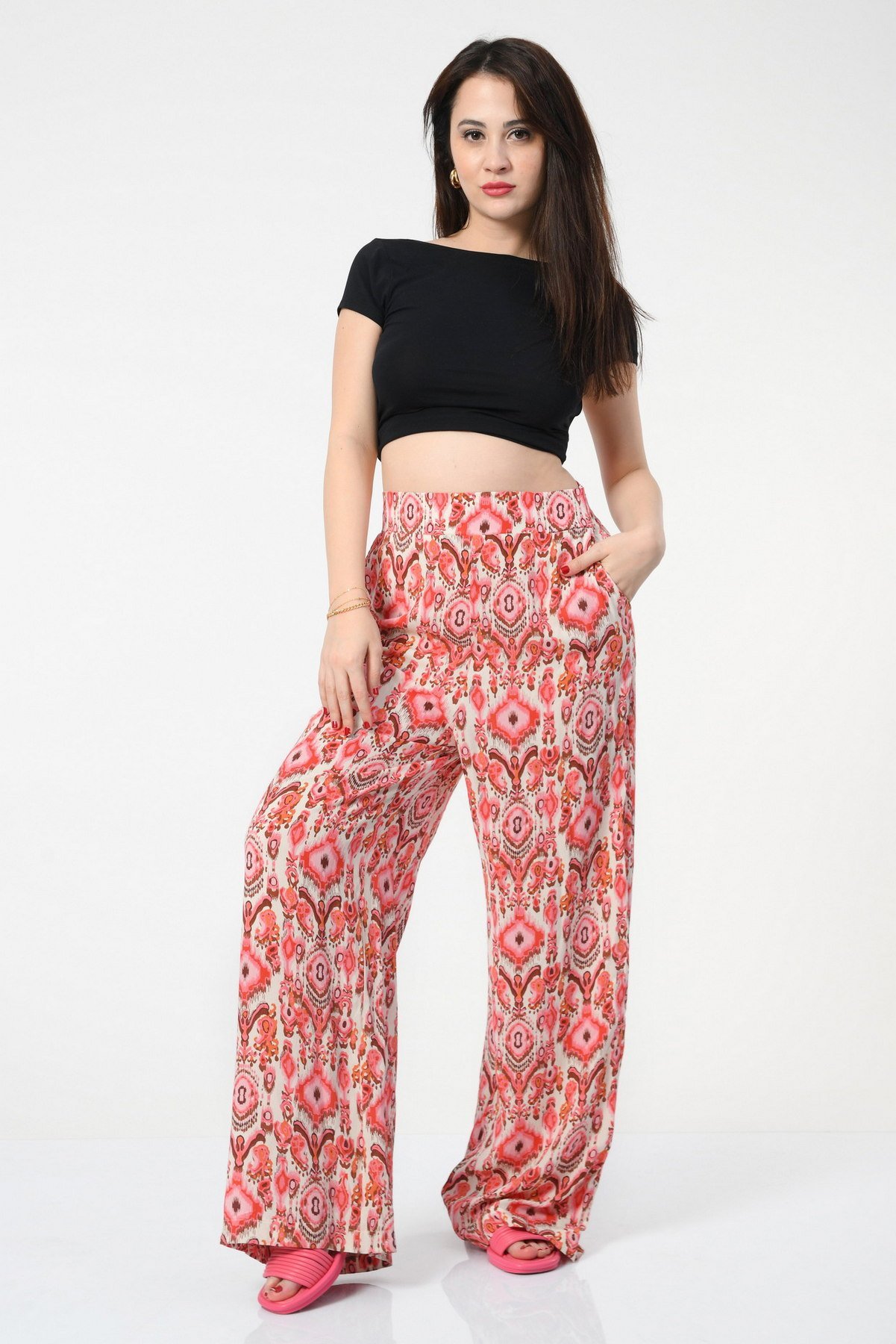 Quzu Beli Lastikli Desenli Pantolon  - Kırmızı