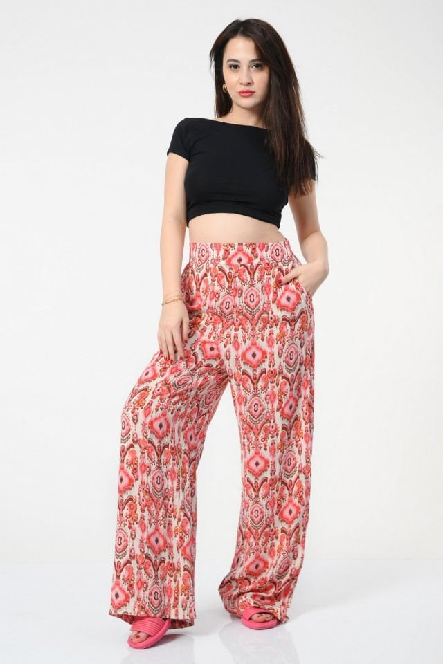 Quzu Beli Lastikli Desenli Pantolon  - Kırmızı