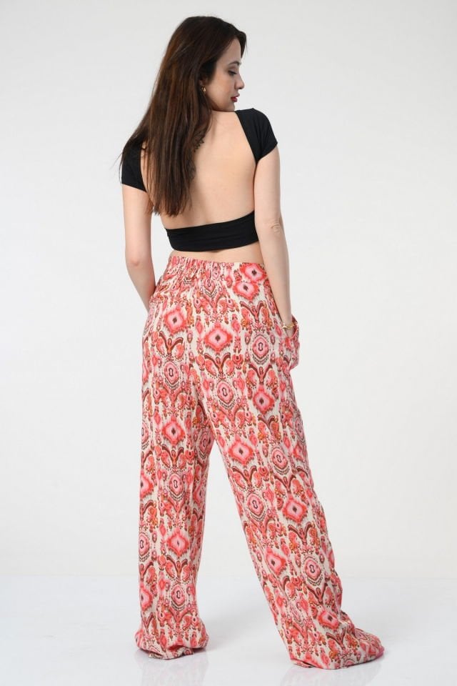 Quzu Beli Lastikli Desenli Pantolon  - Kırmızı