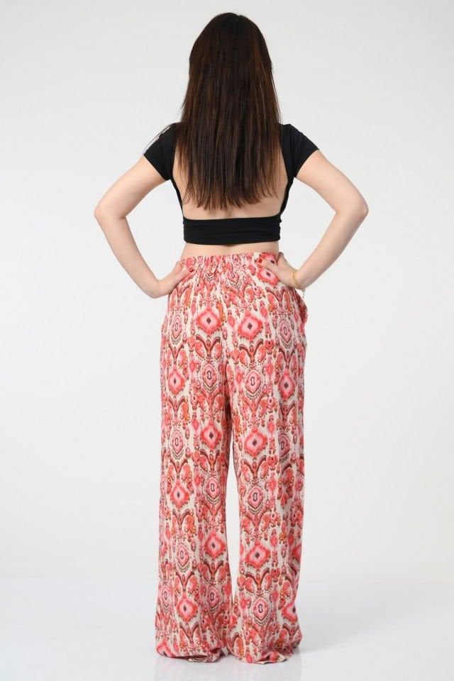 Quzu Beli Lastikli Desenli Pantolon  - Kırmızı