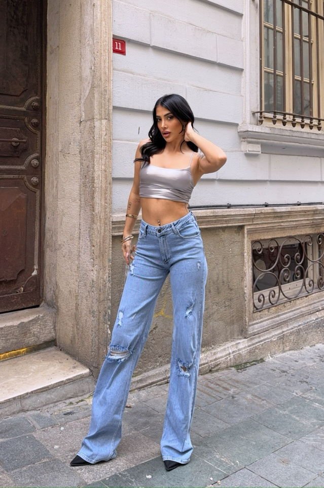 WhatsUp Yüksek Bel Yırtık Detaylı Bol Paça Pantolon  - Denim