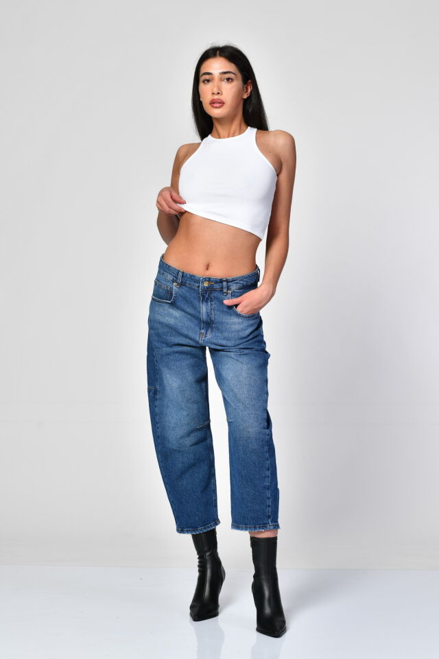 WhatsUp Barrel Fit Yüksek Bel Denim Pantolon  - Mavi