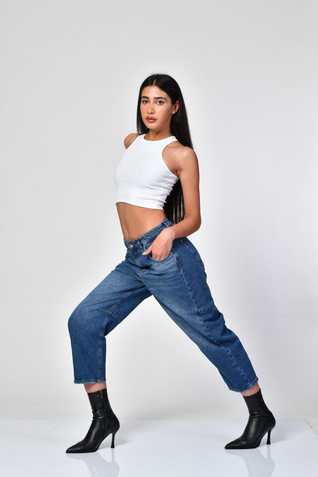 WhatsUp Barrel Fit Yüksek Bel Denim Pantolon  - Mavi