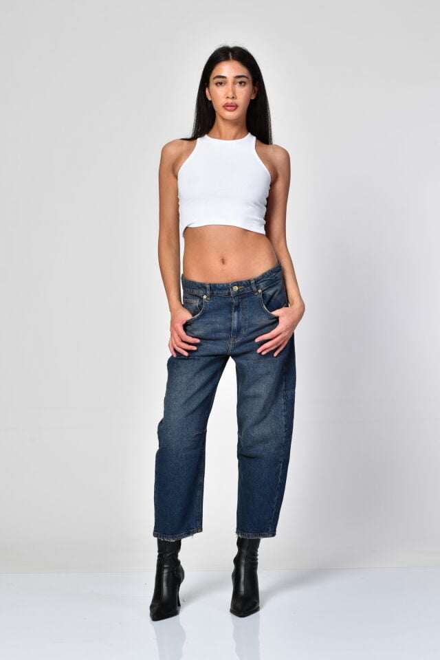 WhatsUp Barrel Fit Yüksek Bel Denim Pantolon  - Lacivert