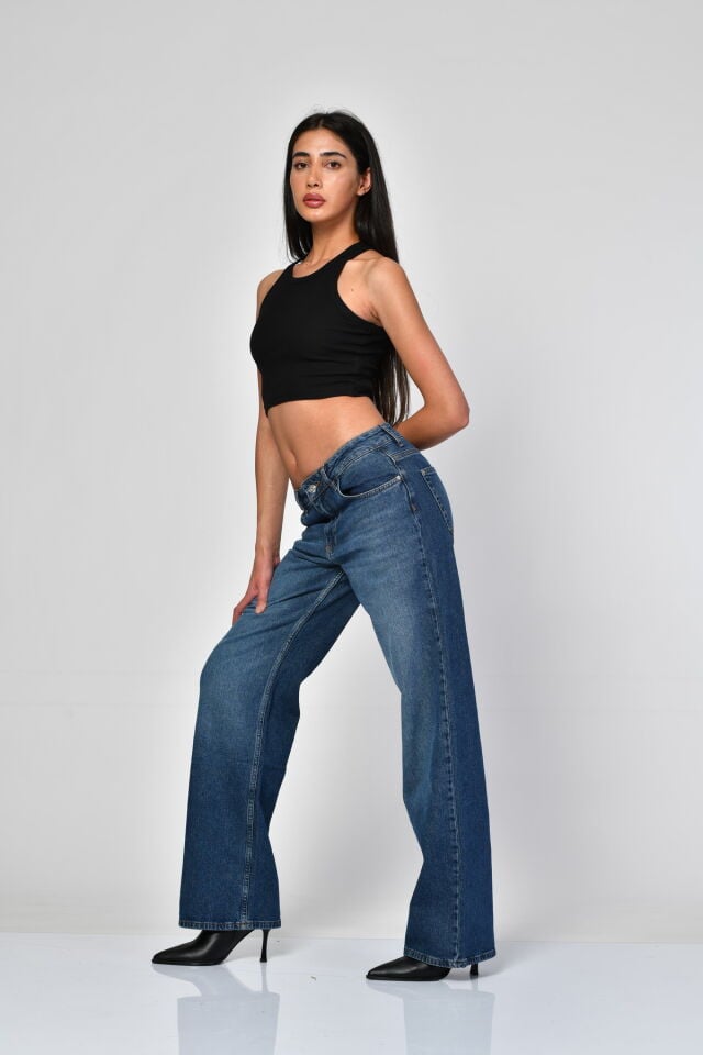 WhatsUp Düz Kesim Wide Leg Denim Pantolon  - Mavi