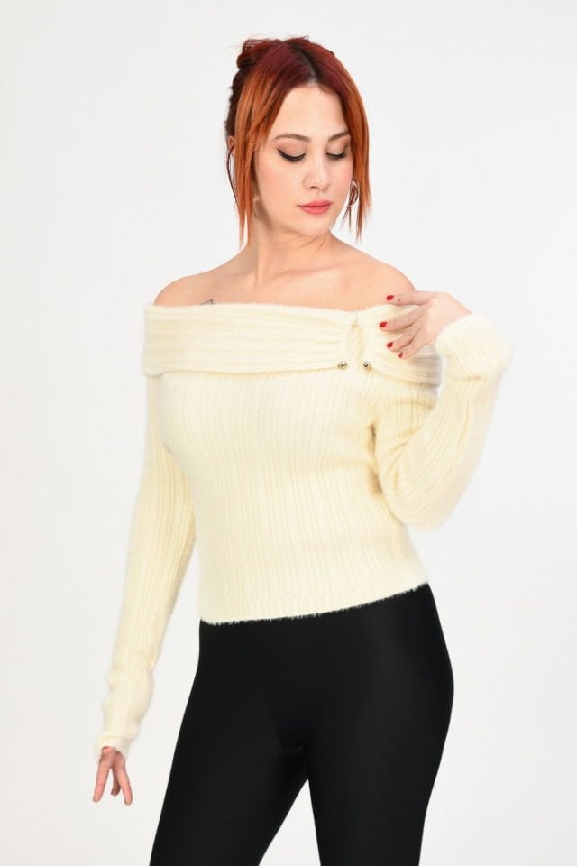 Lefon Madonna Yaka Demir Detaylı Kazak  - Krem