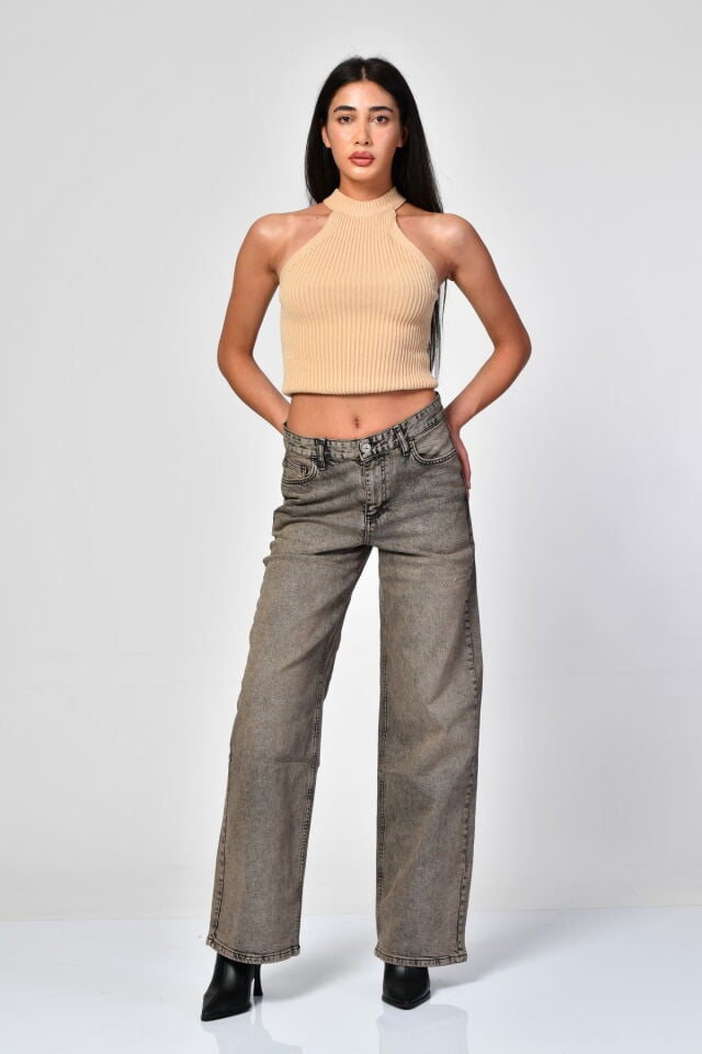 WhatsUp Yüksek Bel Wide Leg Gri Denim Pantolon  - Füme