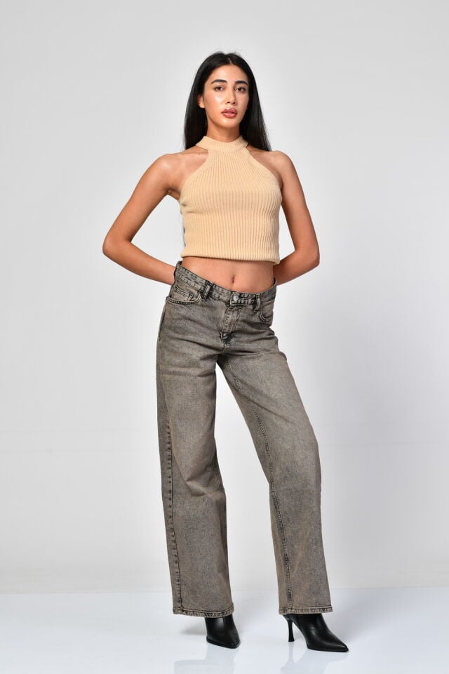 WhatsUp Yüksek Bel Wide Leg Gri Denim Pantolon  - Füme