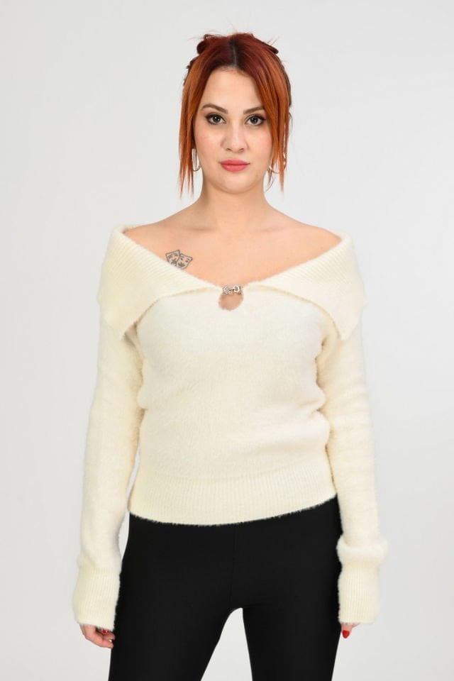 Lefon Devrik Yaka Peluş Kazak  - Krem