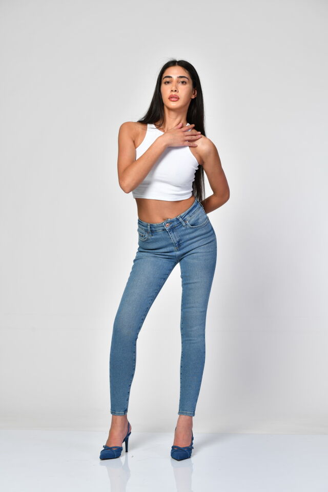 WhatsUp Power Likra Yüksek Bel Skinny Denim Pantolon  - Mavi